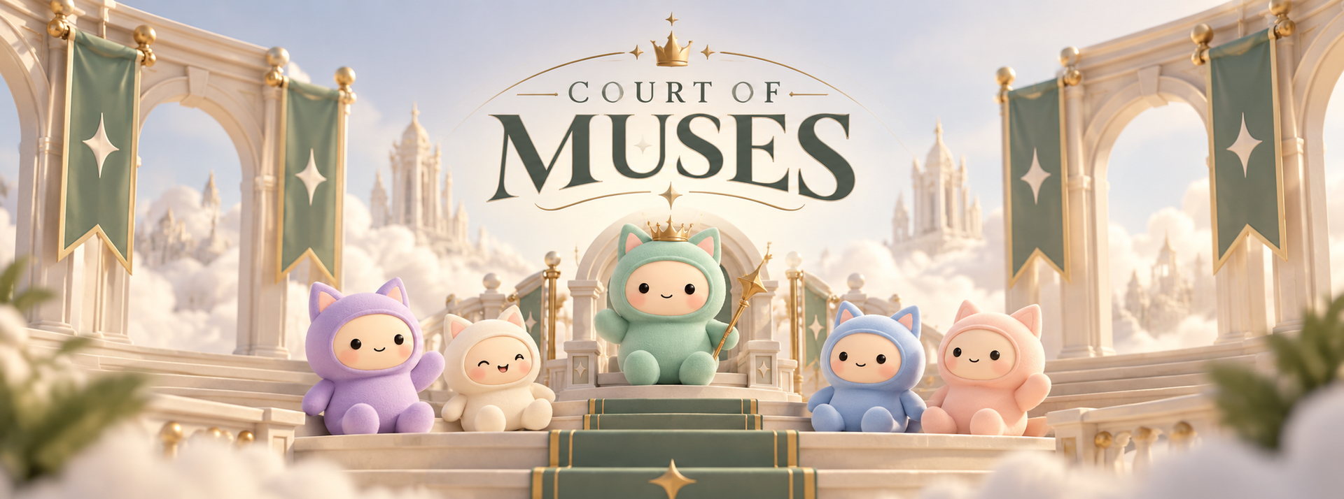 Court of Muses — the five muses hold court in a celestial palace
